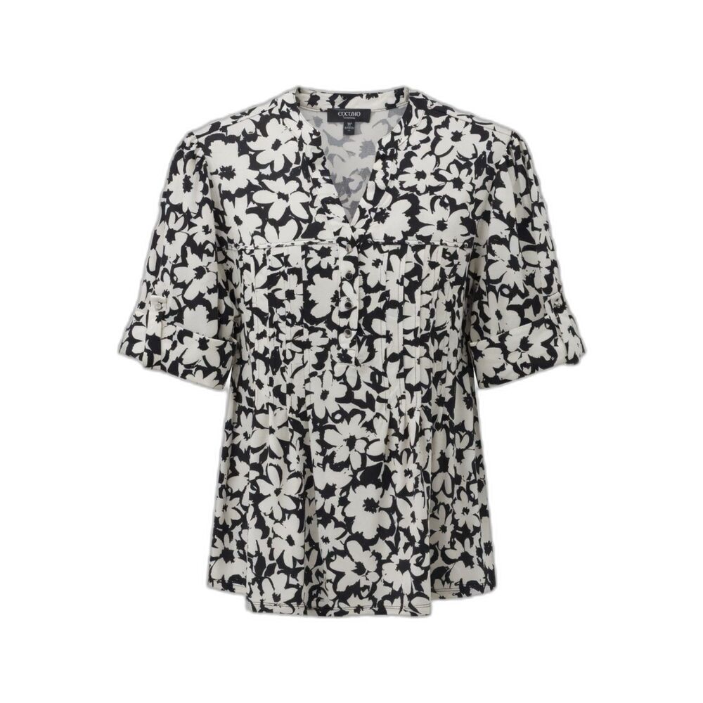 Cocomo Women's Plus Size 1X Black White Floral Studded Pintuck Short Sleeve Top